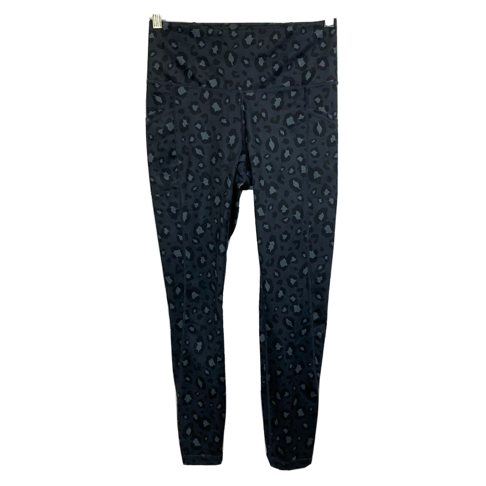 Reebok Pants Womens‎ Sz M Black Gray Leopard Leggings Stretch Pockets Workout